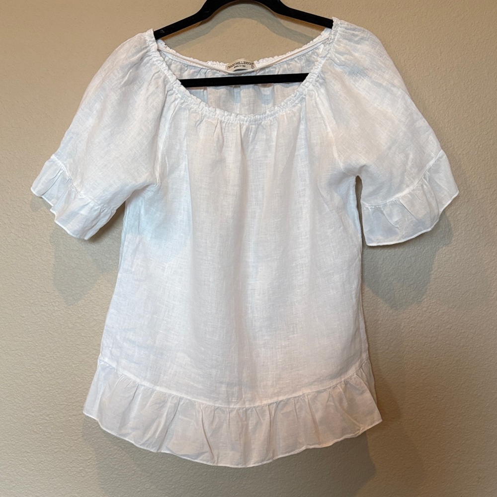 Terzo Millennio Flowy White Linen Top Ruffled Women's Top, Italian, Boho
